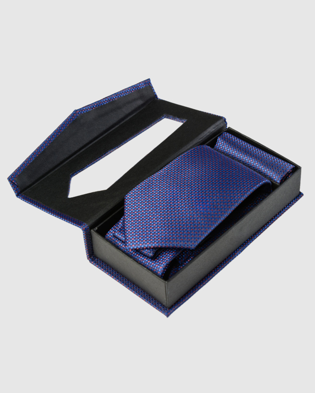 Подарочный набор, галстук и платок, из синего шелка с жаккардовым узором
